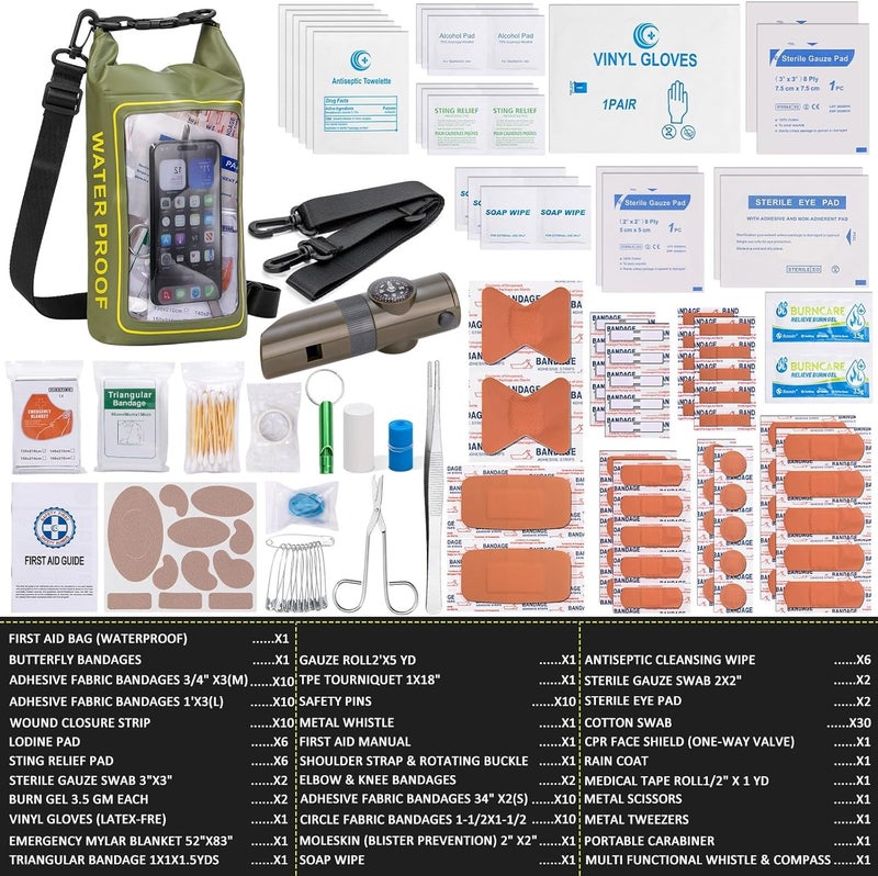 GPUSFAK 154 Pieces Waterproof Boat First Aid Kit Dry Bag with Cell Phone Bug Out Bags Pouch Roll Top Boat Emergency Kit 2-in-1 for Camping Fishing Kayaking Swimming Rafting - Image 2